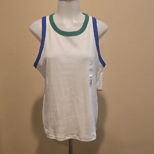 🍉Sonoma White Tank with Blue Arm Trim and Green Neckline
